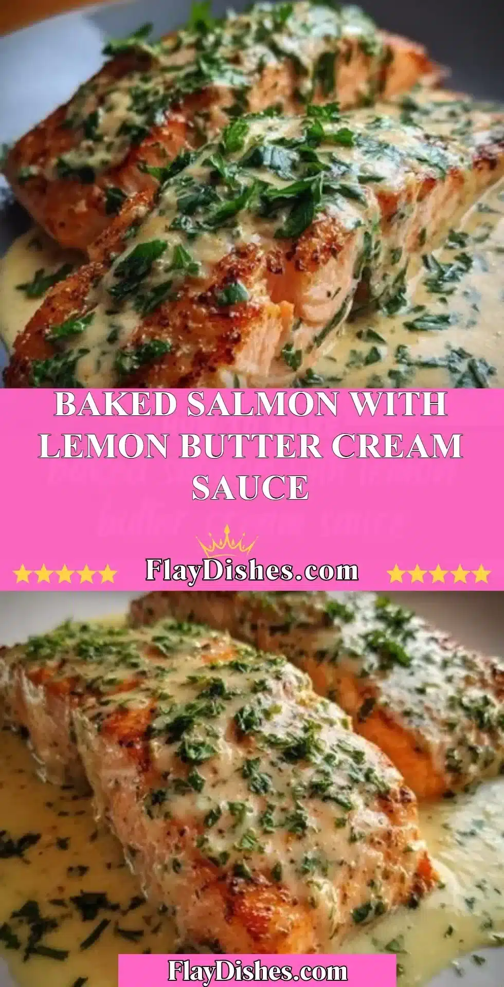 Baked salmon fillet topped with lemon butter cream sauce on a plate