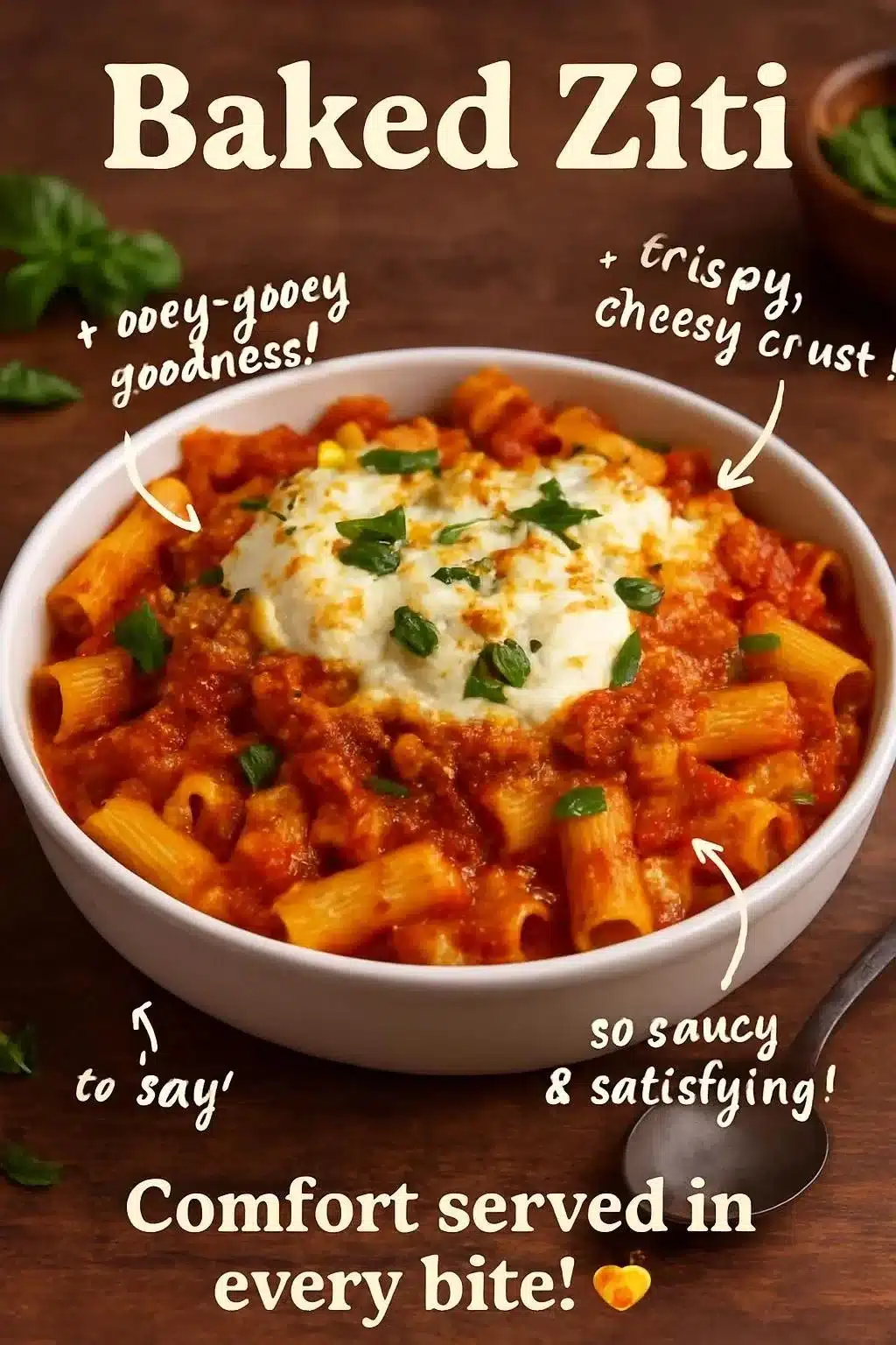 Cheesy baked ziti in a casserole dish, ready to be served.