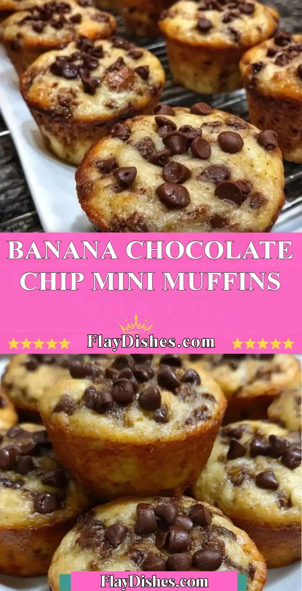 Freshly baked banana chocolate chip mini muffins on a cooling rack