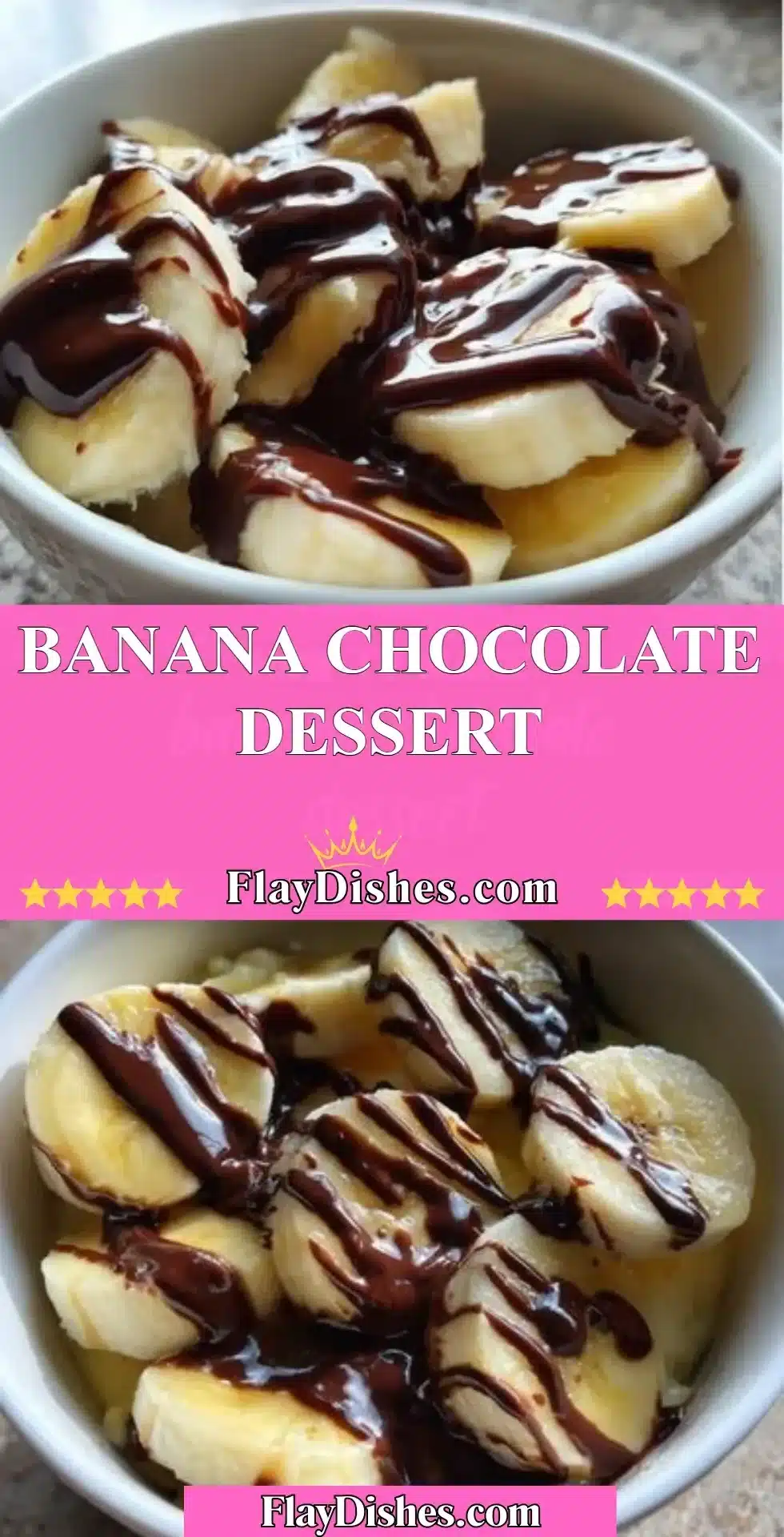 Delicious homemade banana chocolate dessert topped with melted chocolate and bananas
