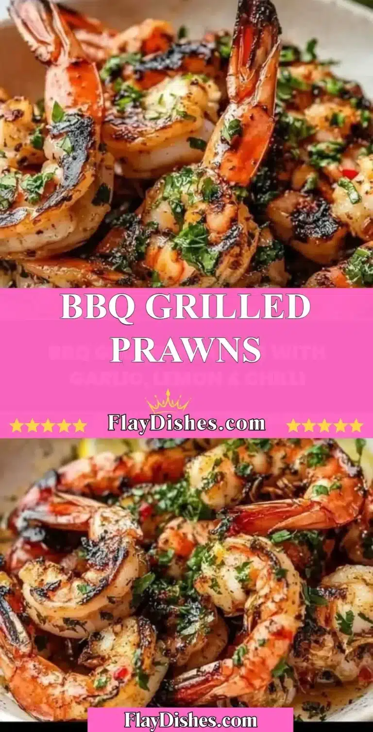 Delicious BBQ grilled prawns on a platter, garnished with herbs and lemon.