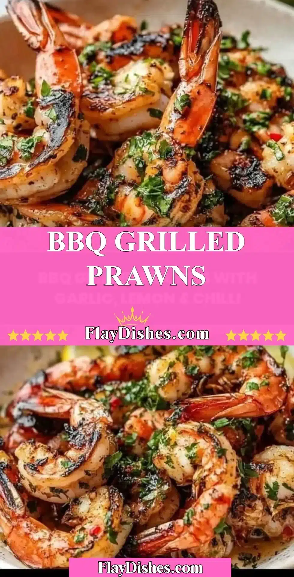 Delicious BBQ grilled prawns on a platter, garnished with herbs and lemon.