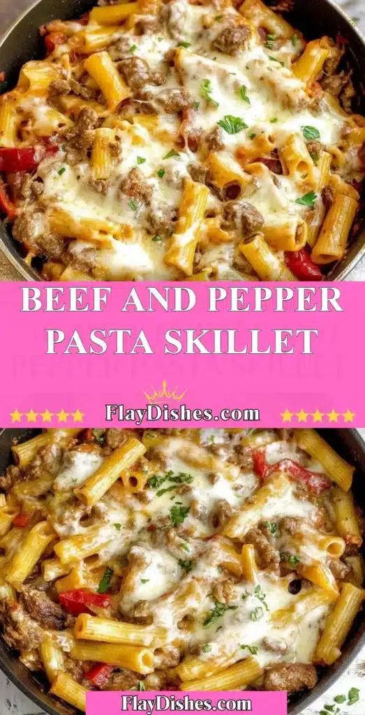 Beef and Pepper Pasta Skillet in a pan, garnished with fresh herbs