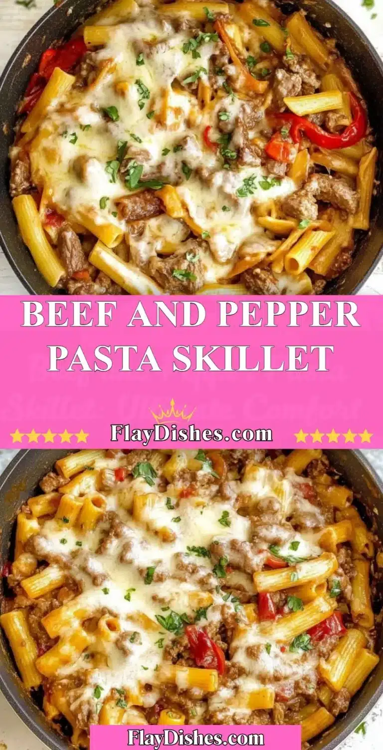 Beef and Pepper Pasta Skillet dish featuring tender beef and colorful bell peppers.