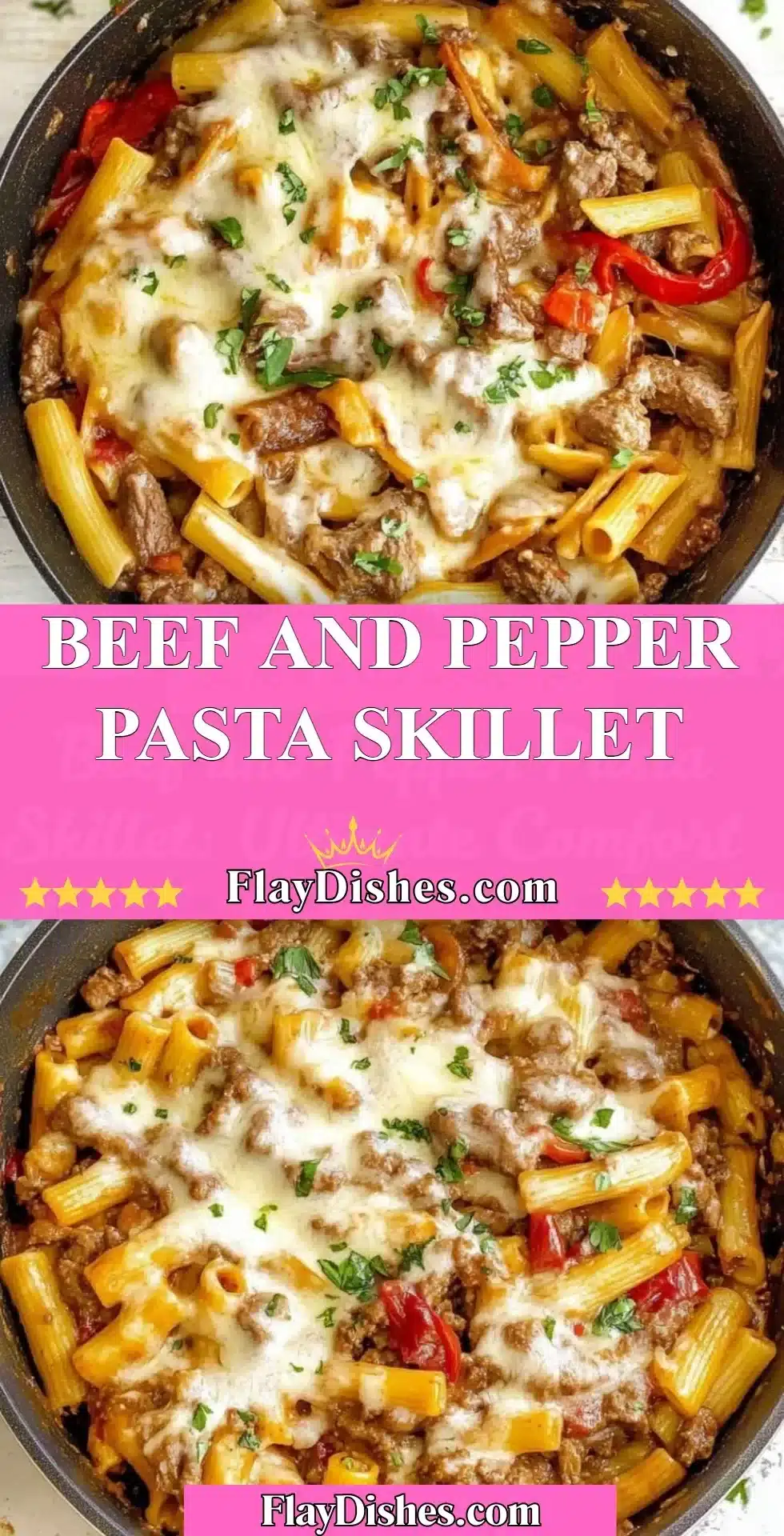 Beef and Pepper Pasta Skillet dish featuring tender beef and colorful bell peppers.