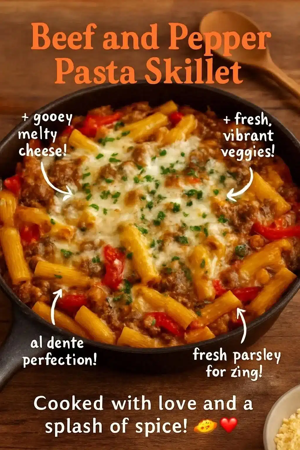 Beef and Pepper Pasta Skillet served in a pan with colorful peppers