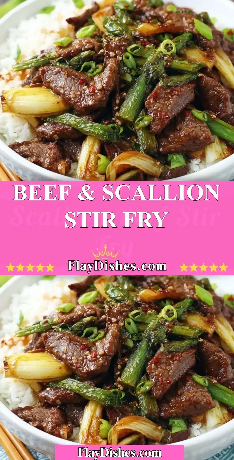 Beef and scallion stir fry garnished with colorful vegetables on a plate.
