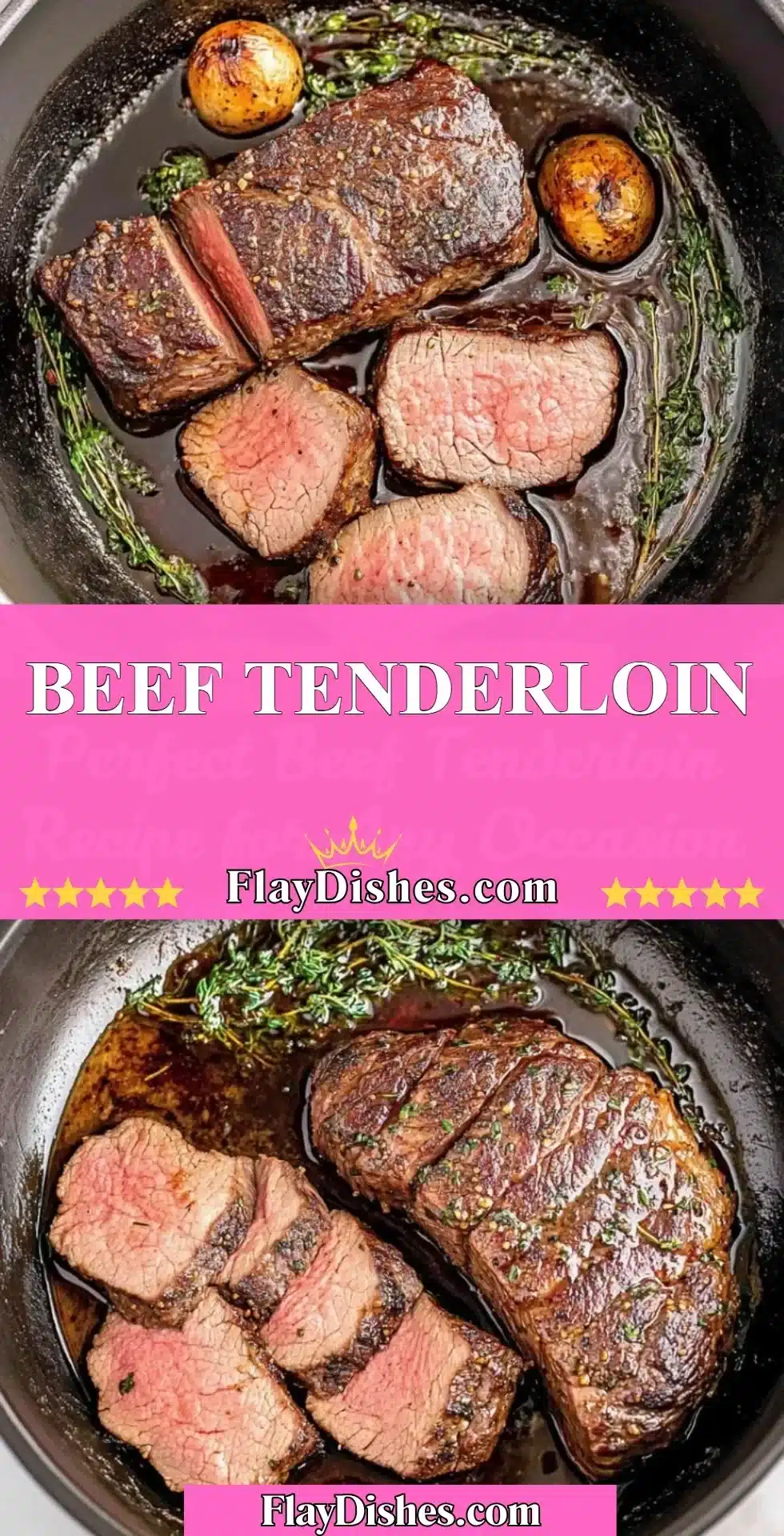 Perfectly cooked beef tenderloin served on a plate with herbs and spices.
