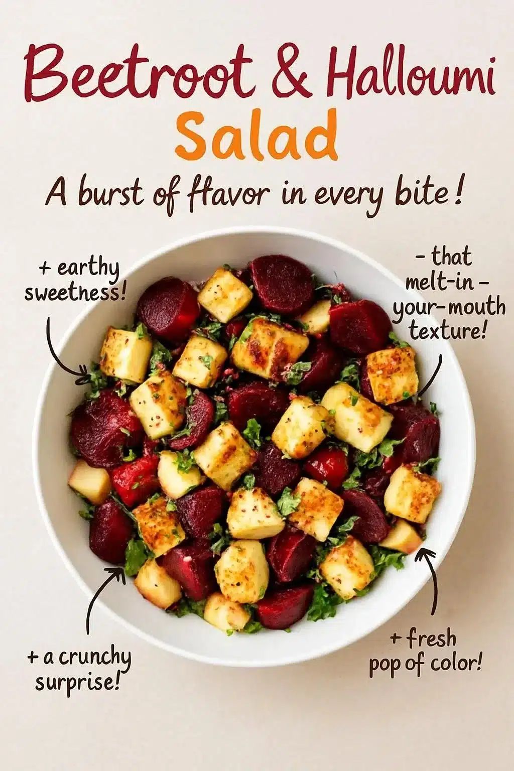 Beetroot Salad with Halloumi cheese and fresh apples on a plate