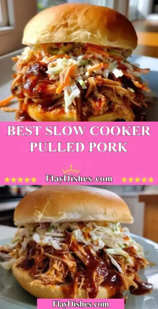 Delicious slow cooker pulled pork served with barbecue sauce and coleslaw.