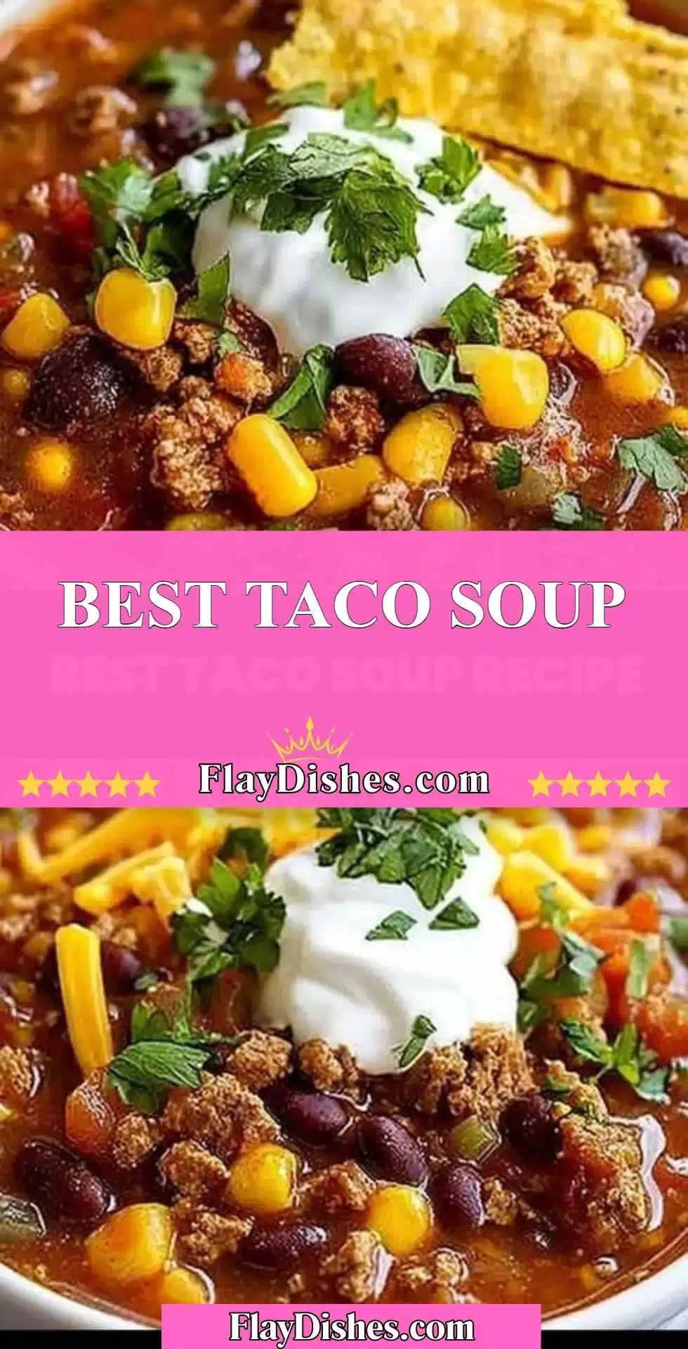 Bowl of best taco soup topped with cheese and avocado