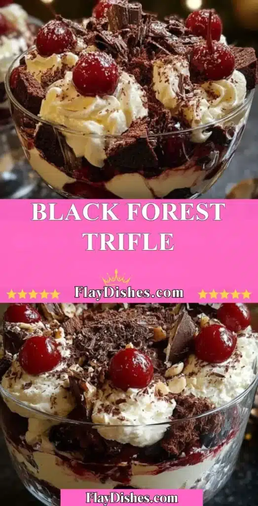 Delicious Black Forest Trifle dessert layered with chocolate, cherries, and whipped cream