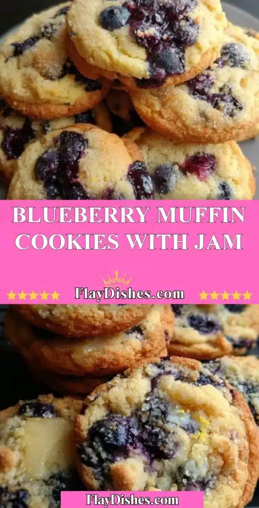 Freshly baked blueberry muffin cookies with jam on a cooling rack