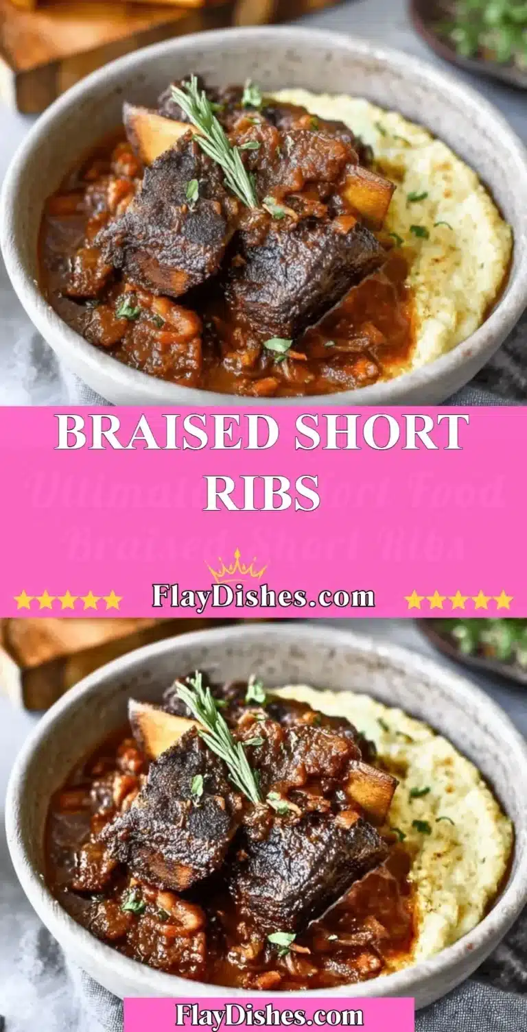 Delicious braised short ribs served with rich sauce and garnished