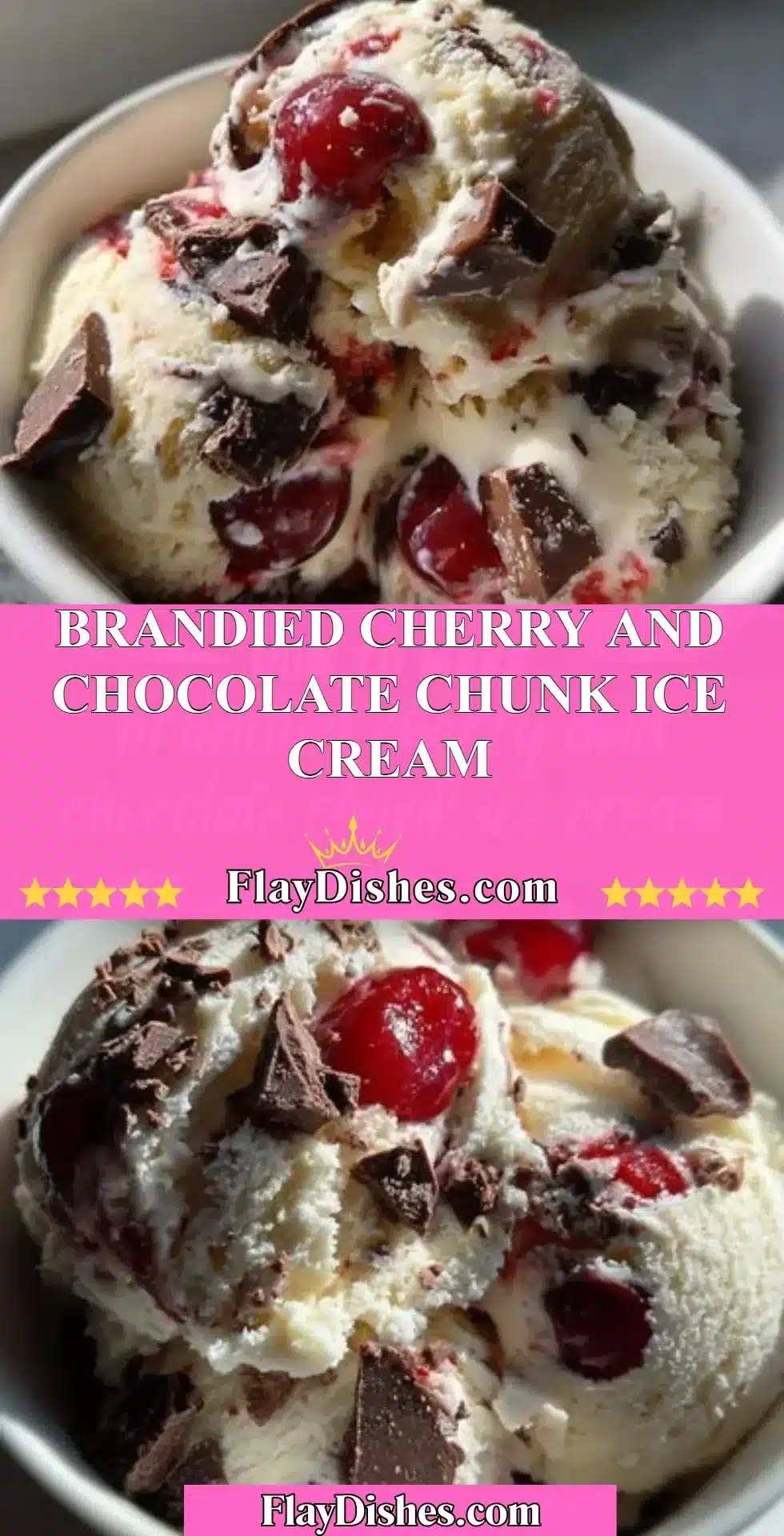 Brandied cherry and chocolate chunk ice cream in a bowl