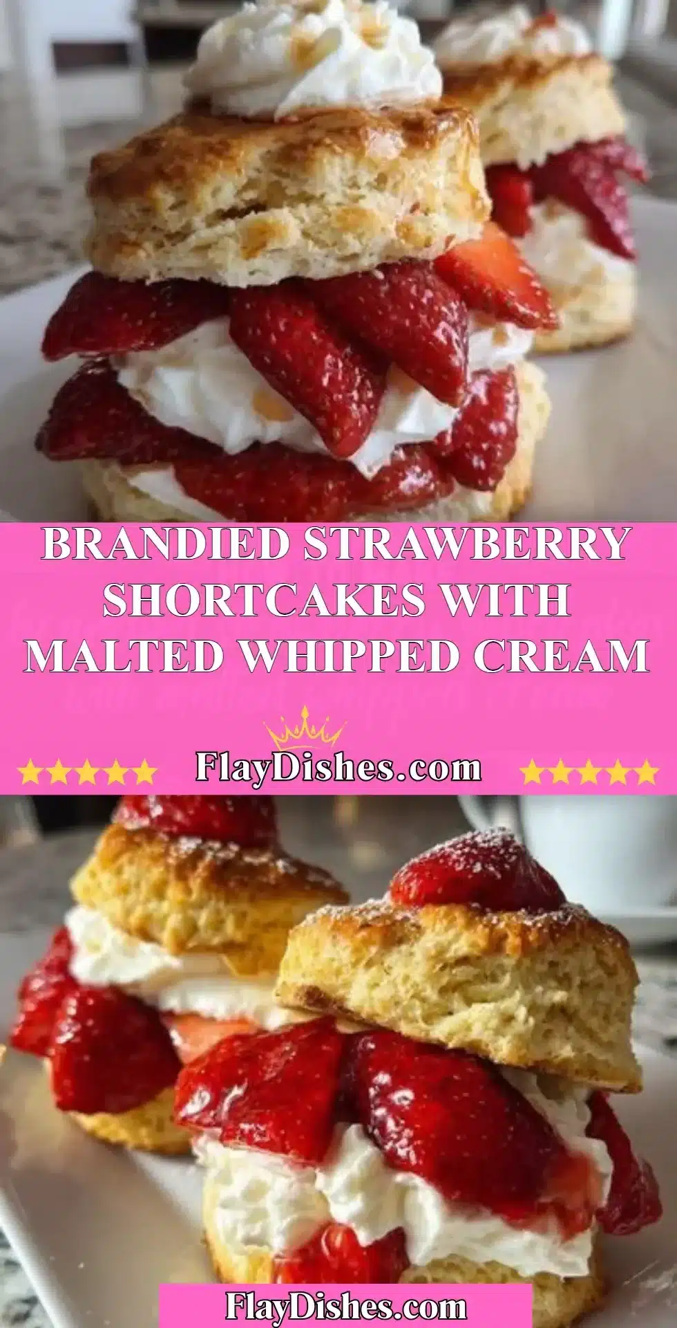 Delicious brandied strawberry shortcakes with malted whipped cream on a plate.