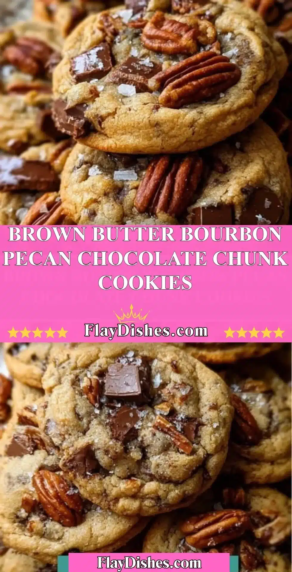Delicious brown butter bourbon pecan chocolate chunk cookies on a plate