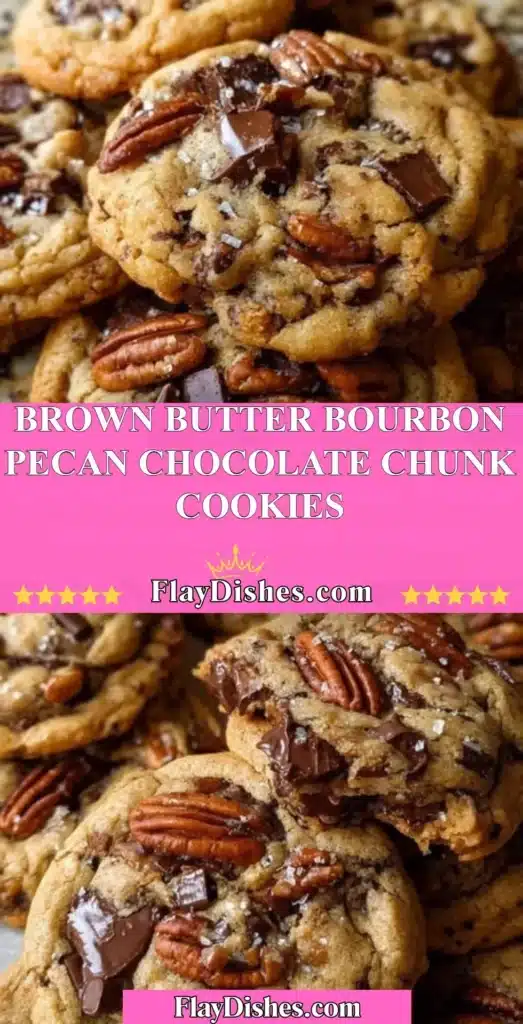 Brown butter bourbon pecan chocolate chunk cookies served on a plate