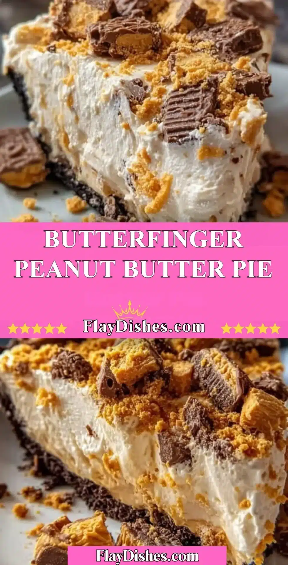 Delicious Butterfinger Peanut Butter Pie topped with crushed Butterfinger candy.