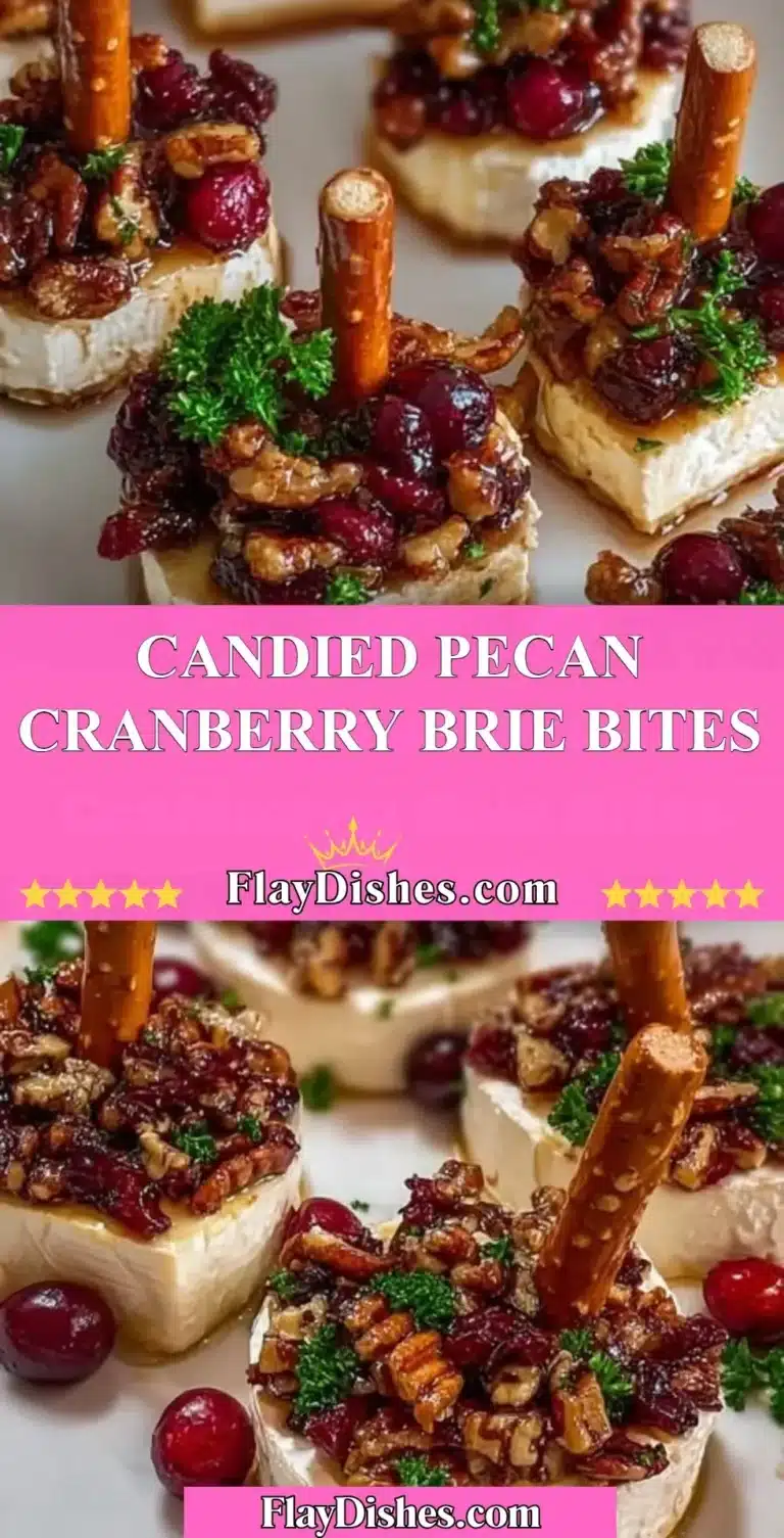 Candied Pecan Cranberry Brie Bites appetizer with melted brie and cranberries.