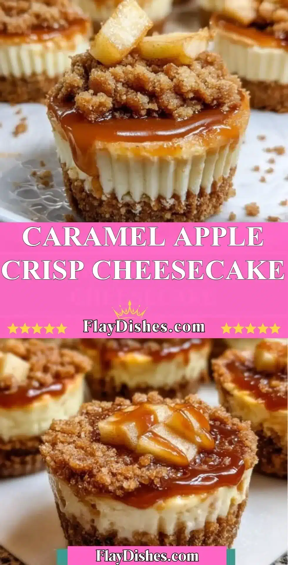 Delicious Caramel Apple Crisp Cheesecake topped with caramel drizzle and crisp apple slices.