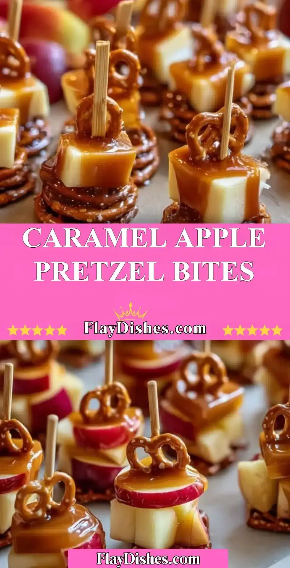 Delicious caramel apple pretzel bites drizzled with caramel sauce.