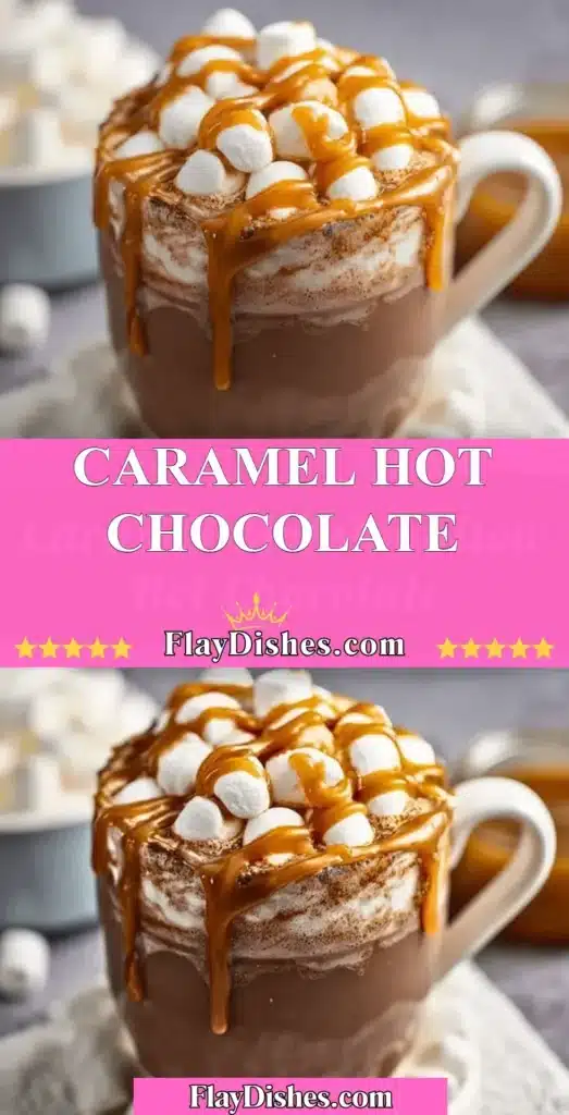 Delicious caramel hot chocolate topped with whipped cream and caramel drizzle
