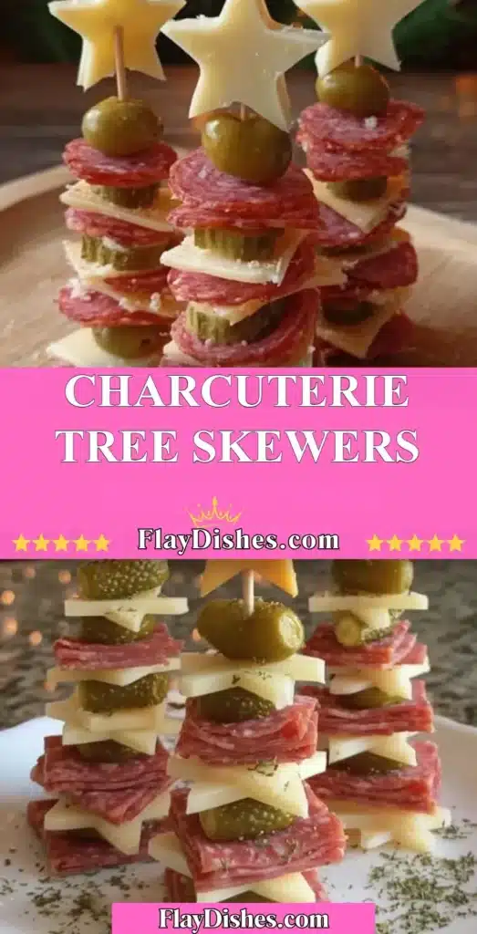 Delicious charcuterie skewers arranged in a creative tree display.