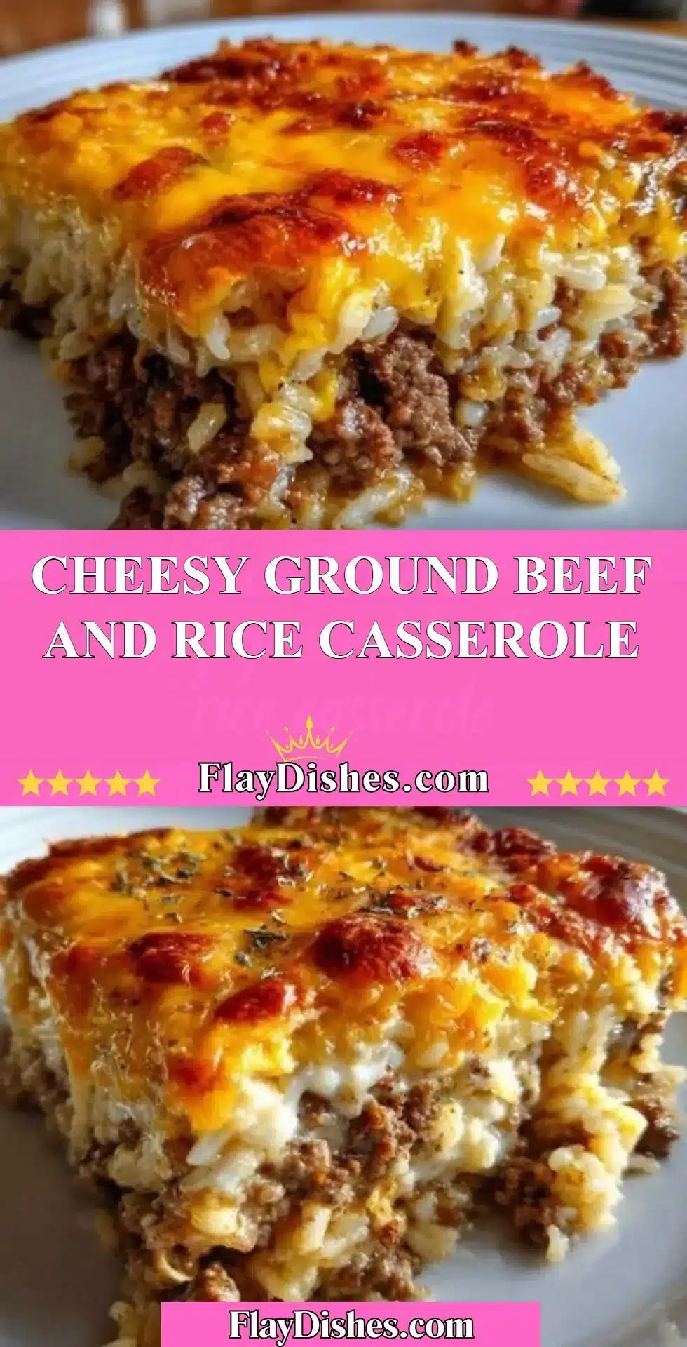Cheesy ground beef and rice casserole topped with melted cheese in a baking dish
