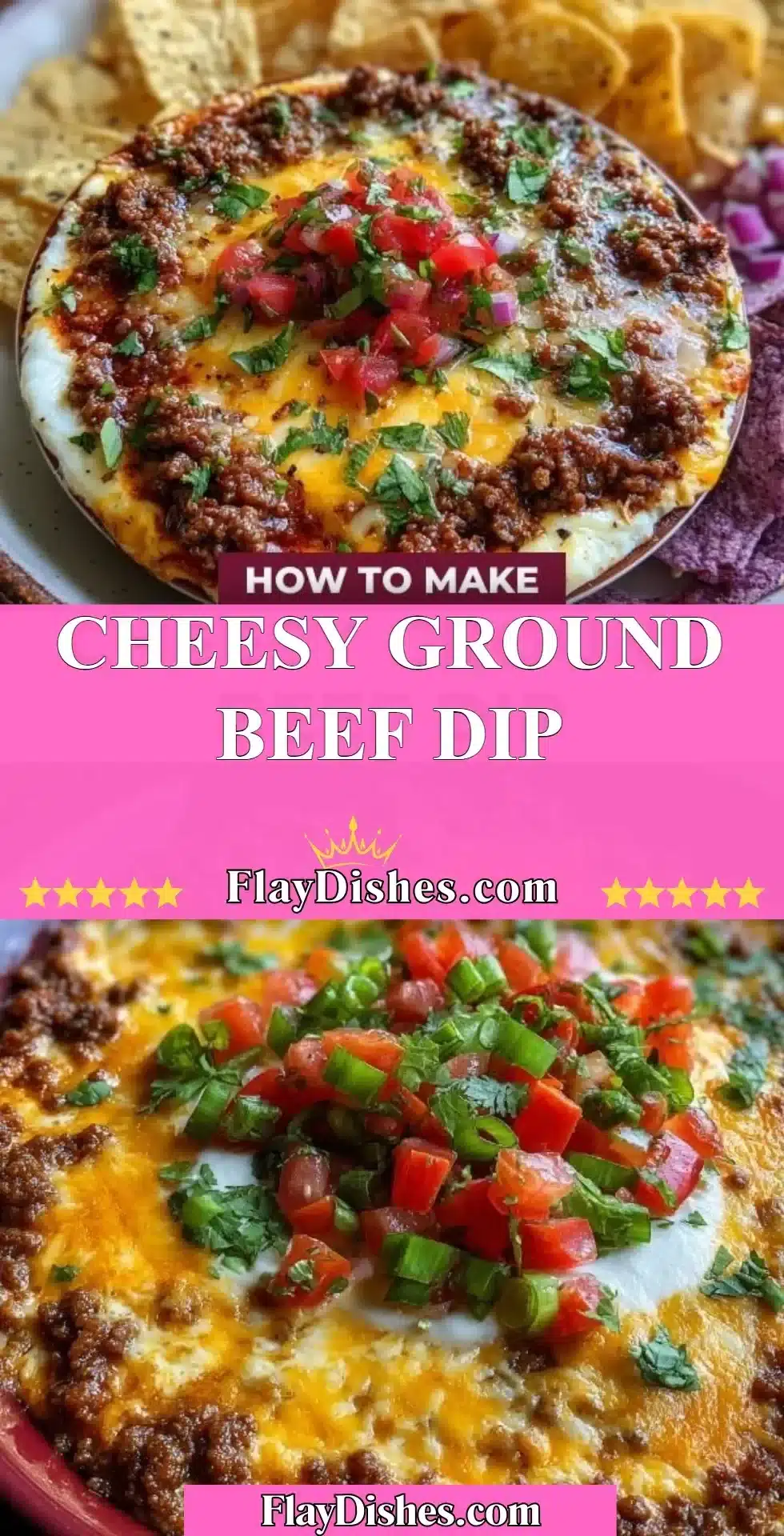 Cheesy ground beef dip served with tortilla chips