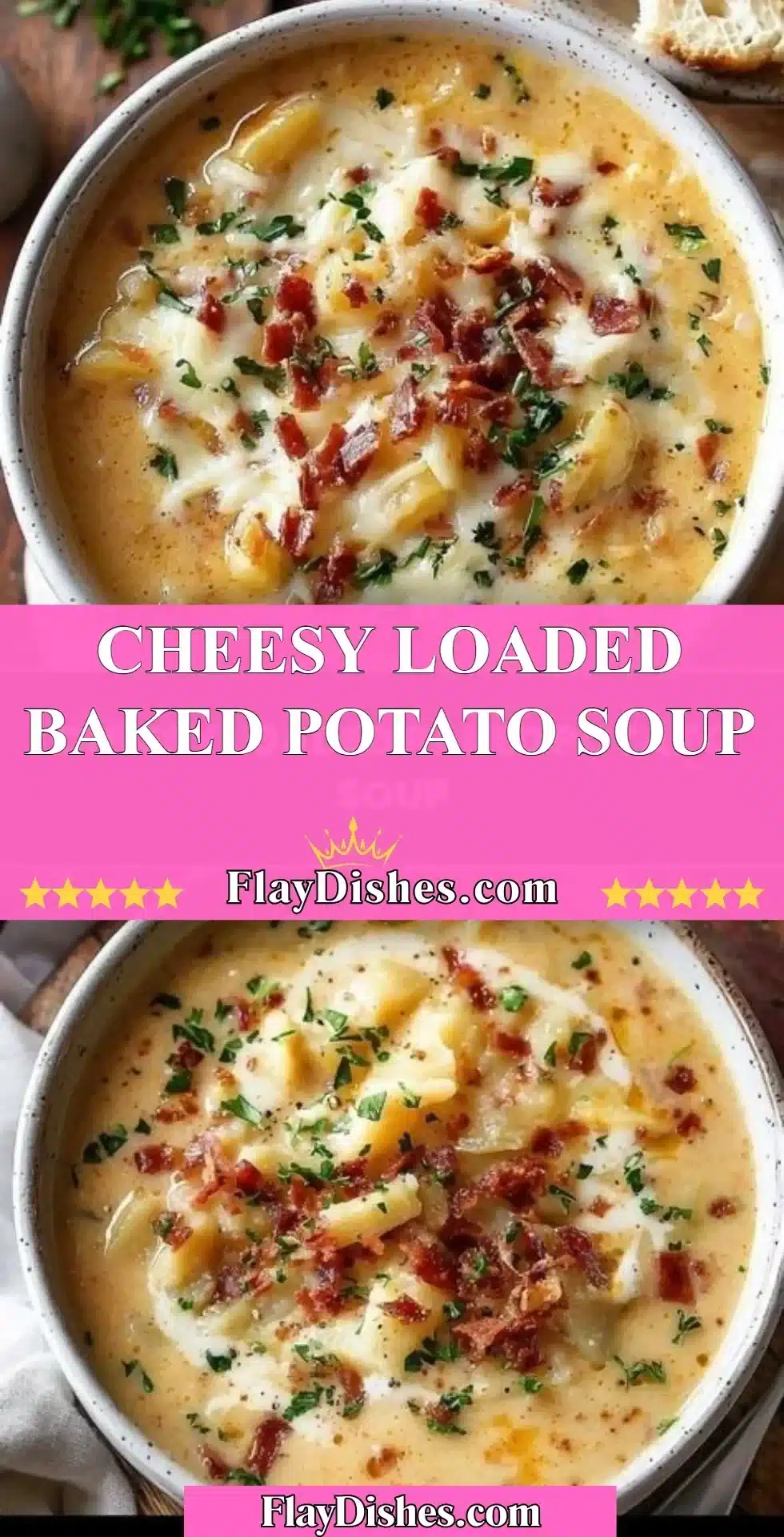 A creamy bowl of cheesy loaded baked potato soup topped with chives and cheese.