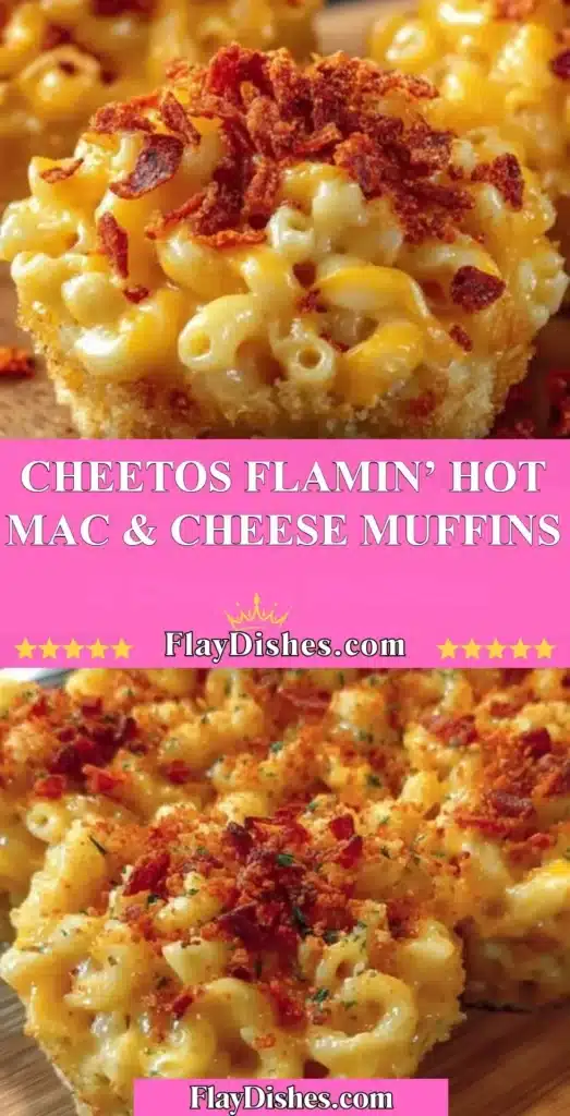 Cheetos Flamin’ Hot Mac & Cheese Muffins topped with cheese and Cheetos