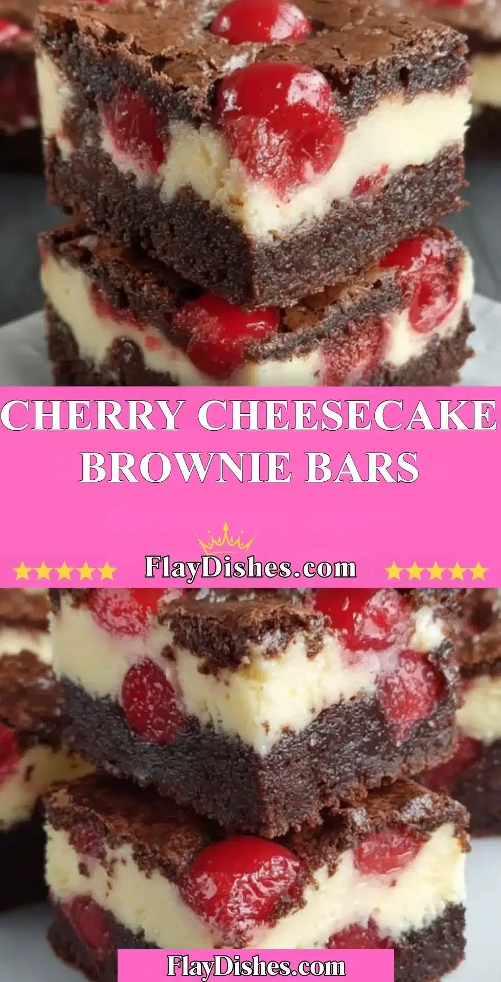 Cherry cheesecake brownie bars stacked on a plate with a cherry topping