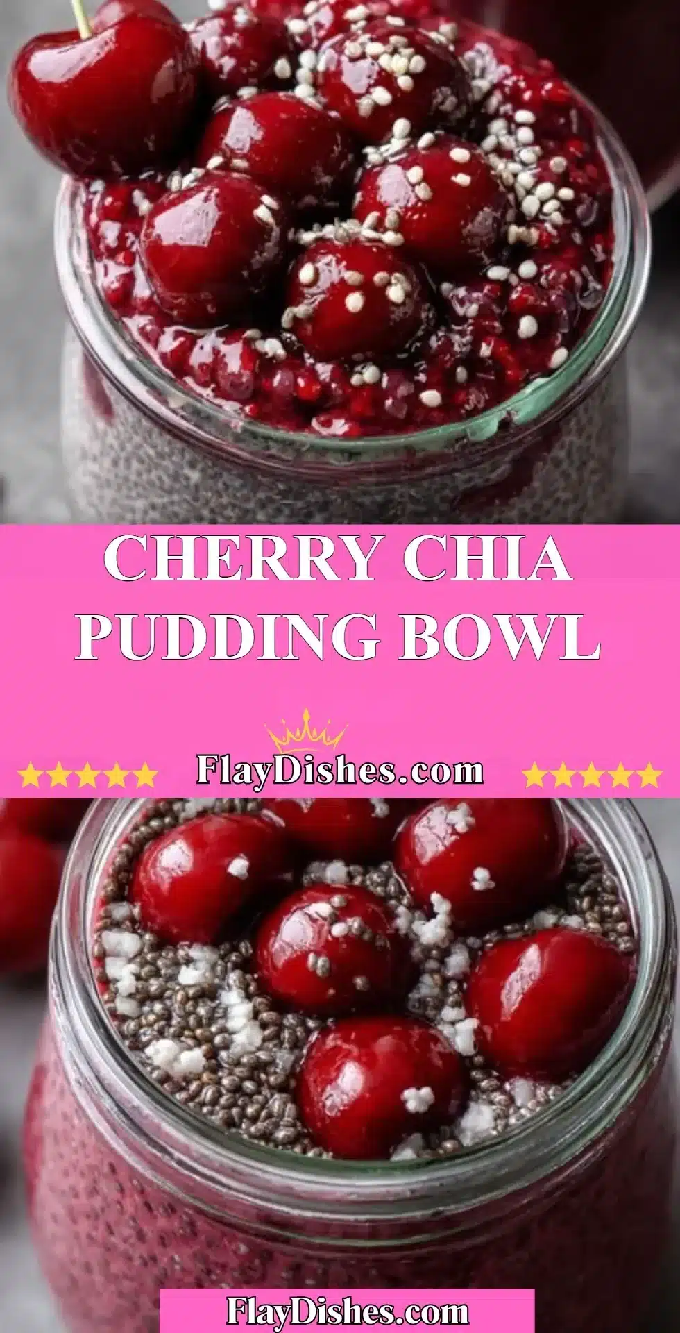 Cherry Chia Pudding Bowl topped with fresh cherries and mint leaves