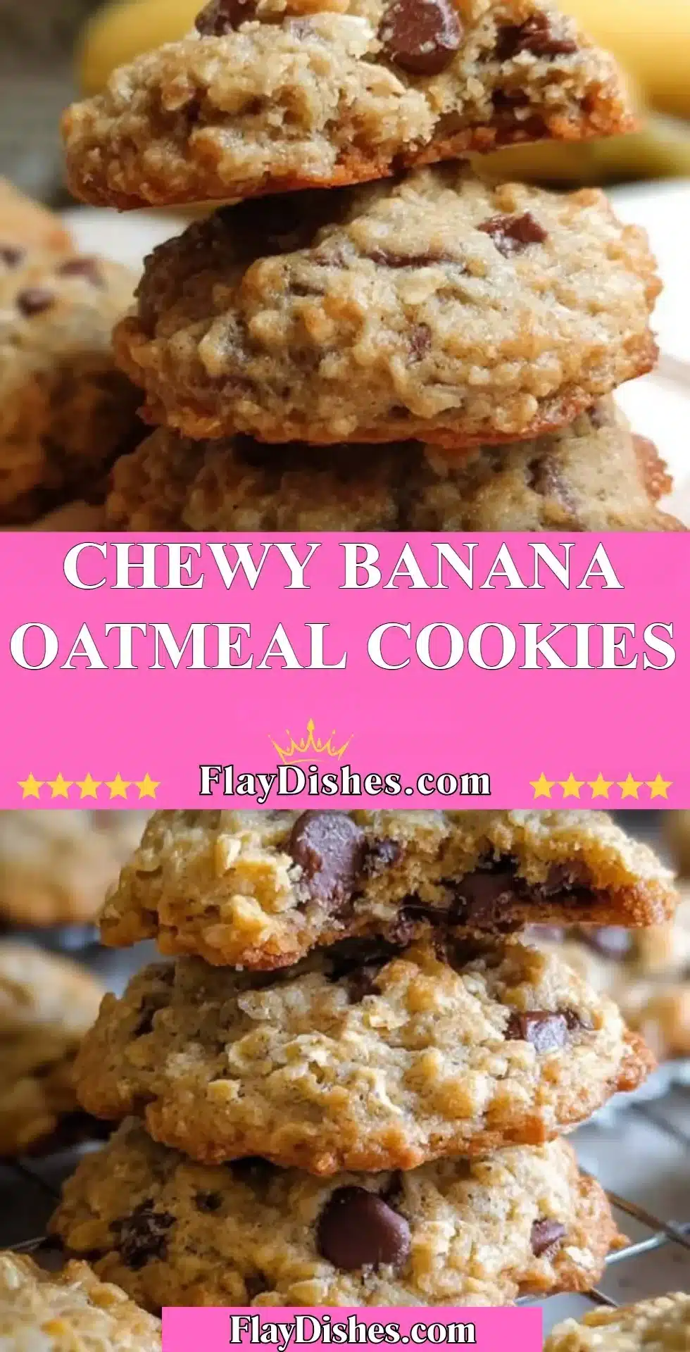 Homemade chewy banana oatmeal cookies on a plate with bananas and oats.