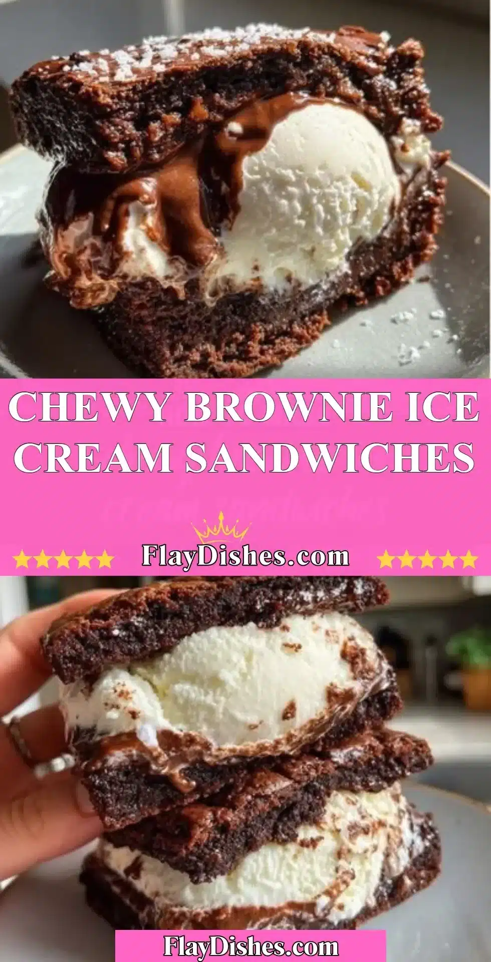 Chewy brownie ice cream sandwiches with vanilla and chocolate layers