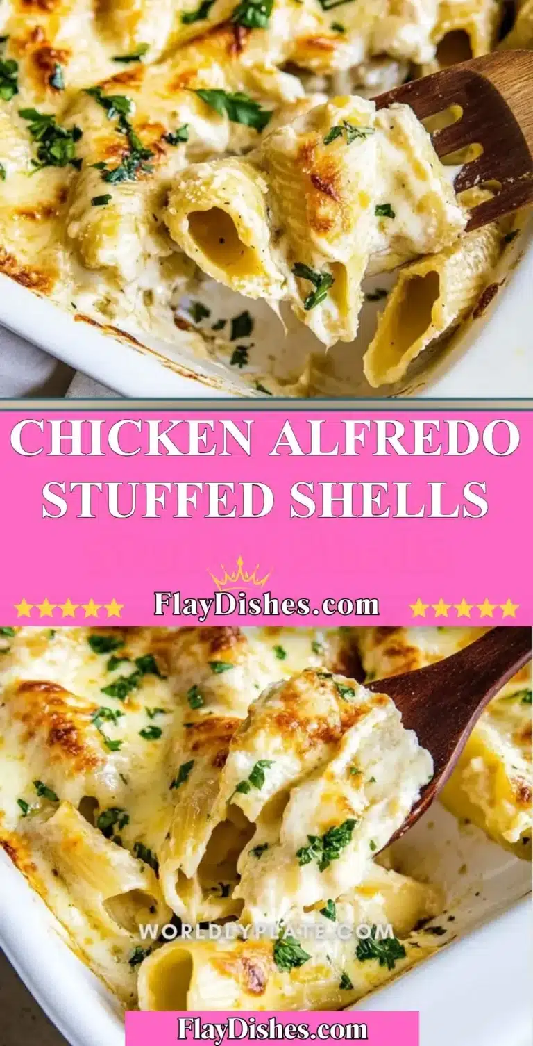 Delicious Chicken Alfredo Stuffed Shells topped with creamy sauce and herbs.