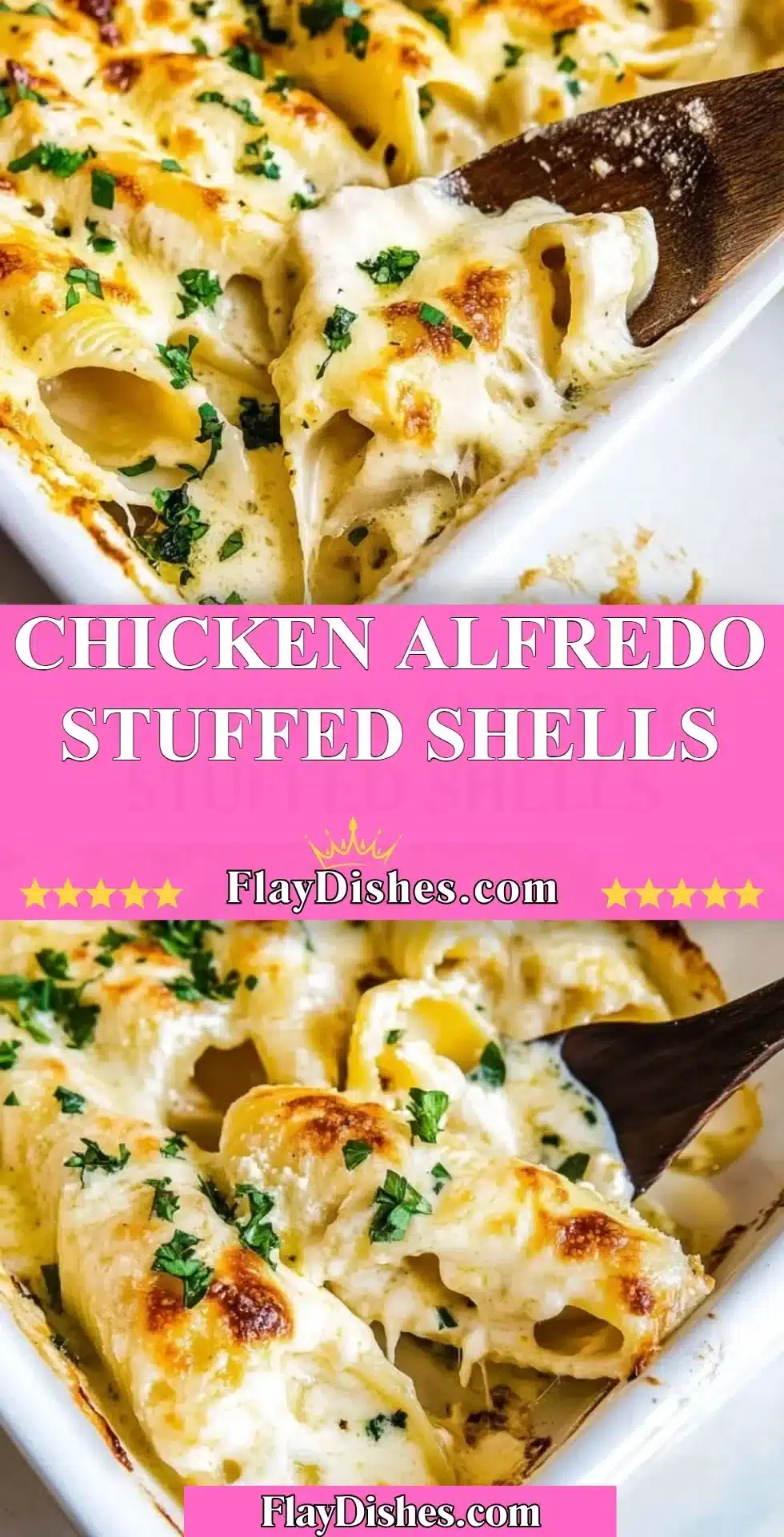 Delicious Chicken Alfredo Stuffed Shells with creamy sauce and chicken filling