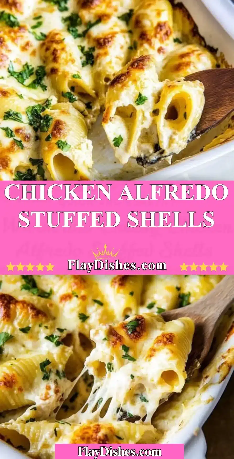 Delicious Chicken Alfredo Stuffed Shells topped with creamy sauce and herbs