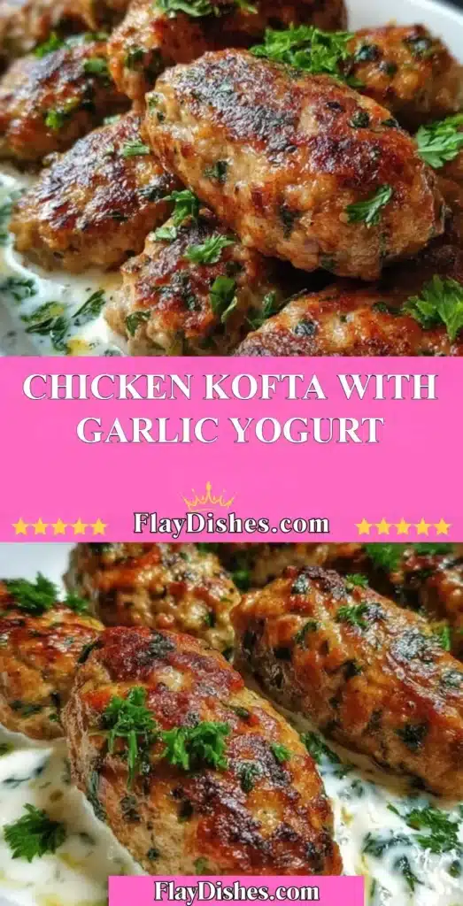 Plate of Chicken Kofta served with a side of garlic yogurt sauce.