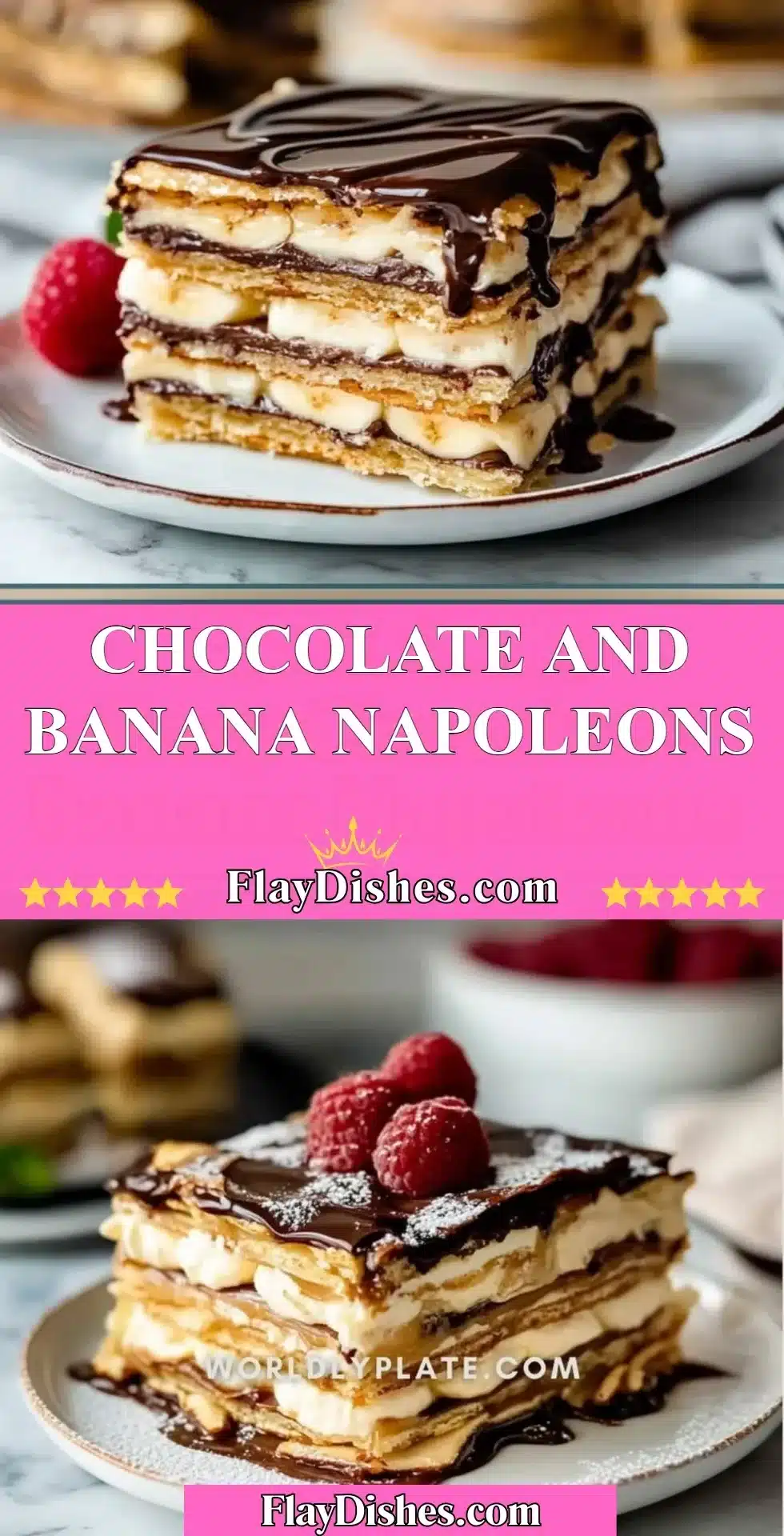 Layered Chocolate Banana Napoleons with chocolate sauce and fresh banana slices.