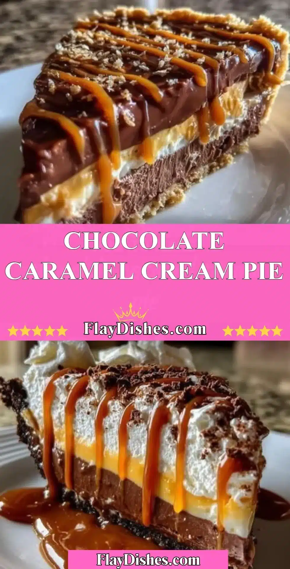 Delicious Chocolate Caramel Cream Pie topped with chocolate and caramel swirls