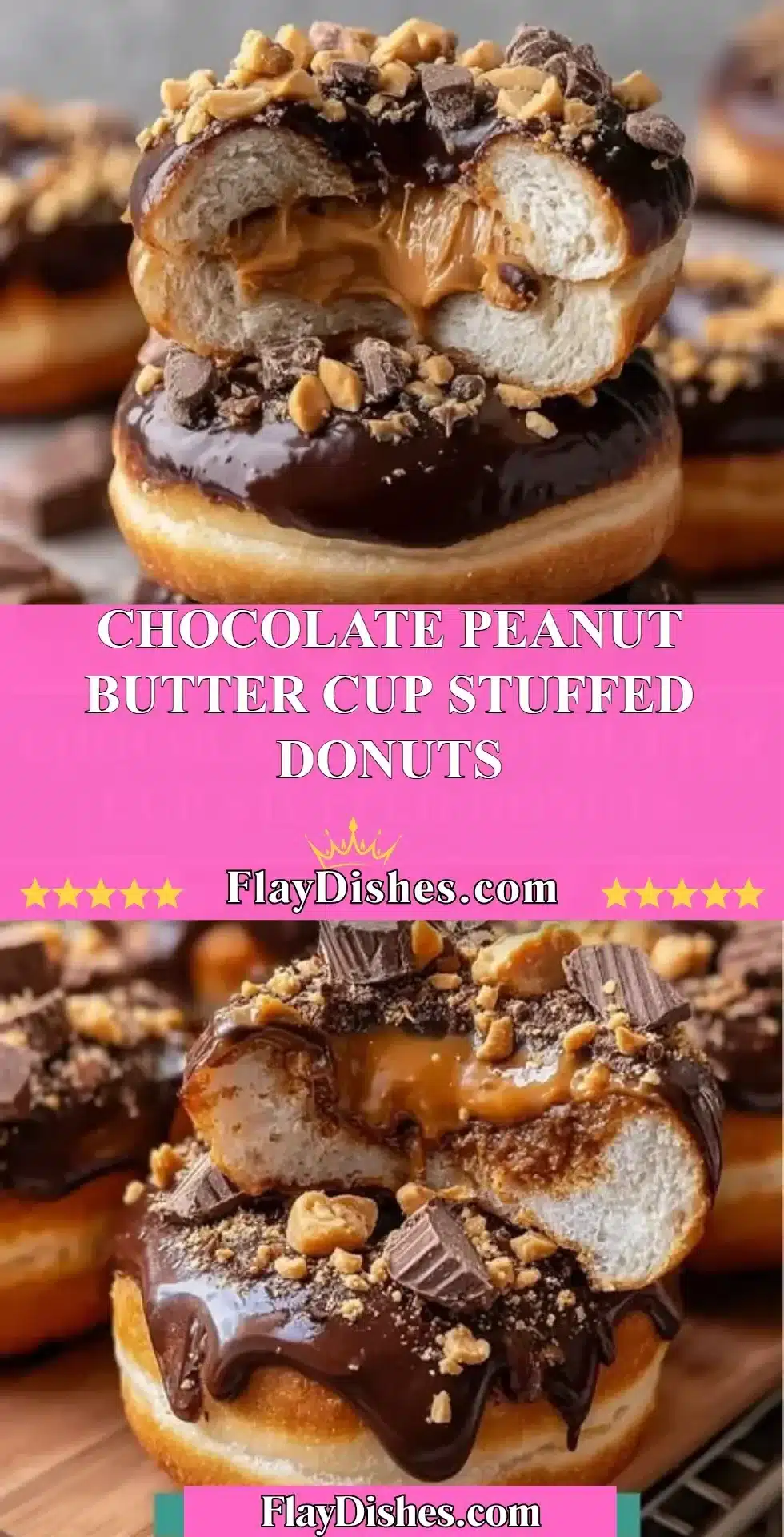 Chocolate peanut butter cup stuffed donuts ready to enjoy