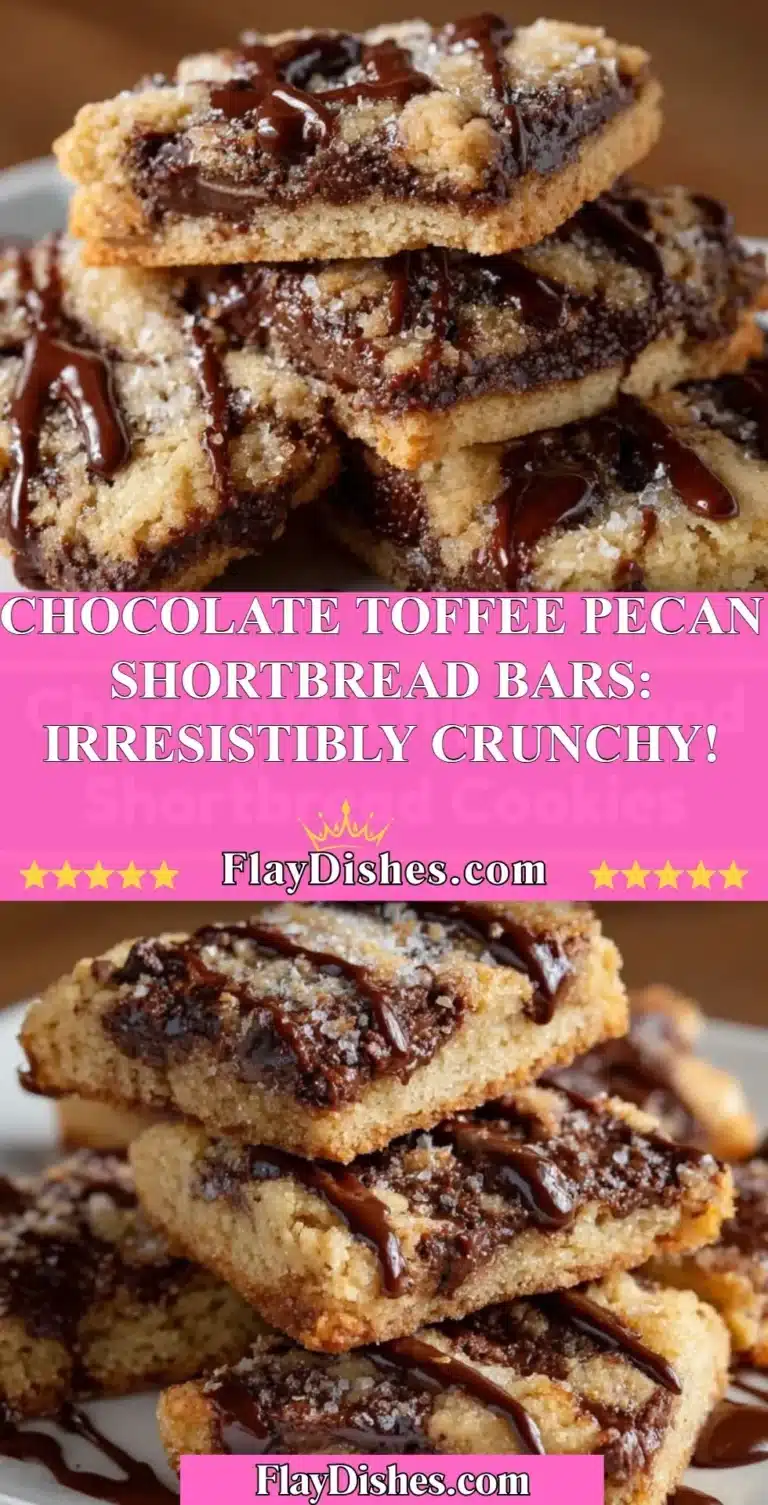 Chocolate Toffee Pecan Shortbread Bars topped with toffee and pecans
