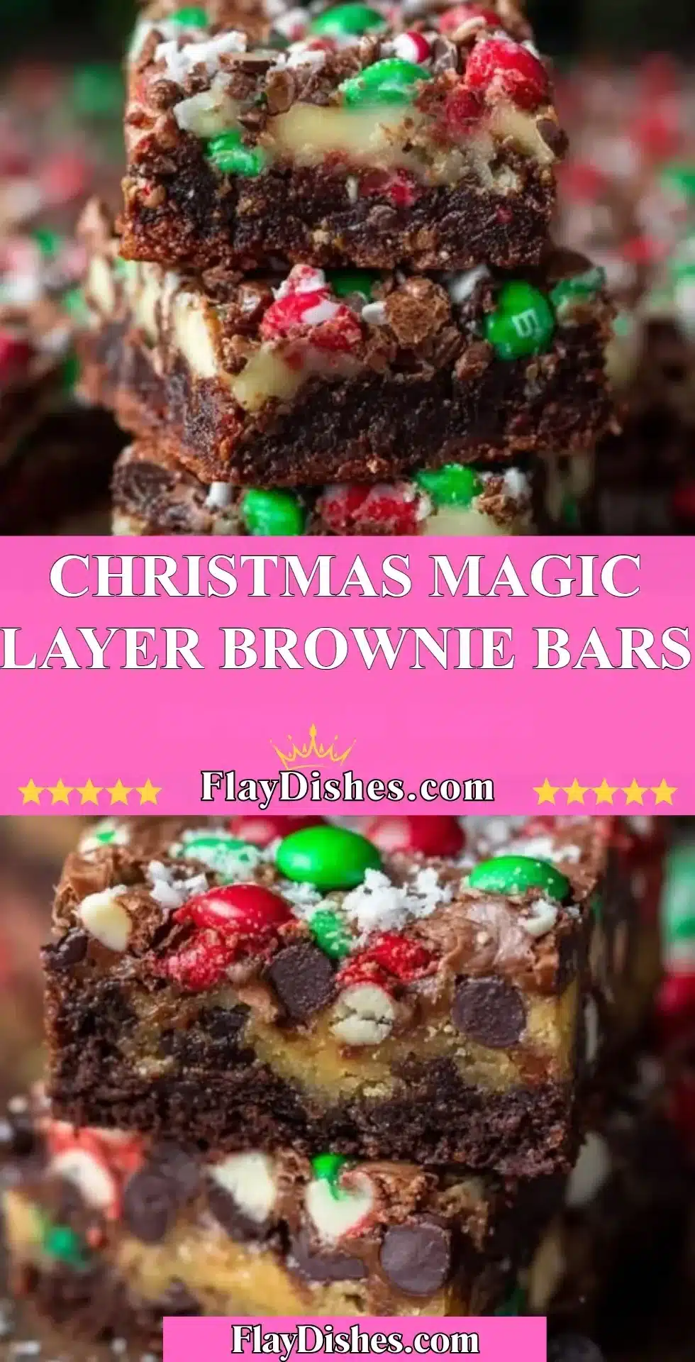 Christmas Magic Layer Brownie Bars with layers of chocolate and festive toppings
