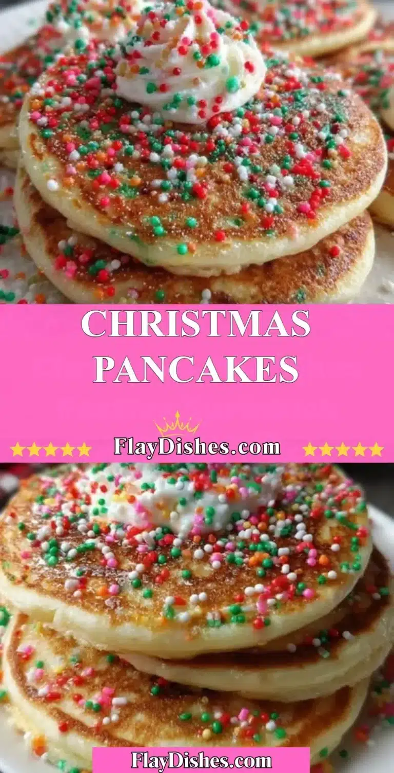Delicious homemade Christmas pancakes topped with syrup and festive decorations