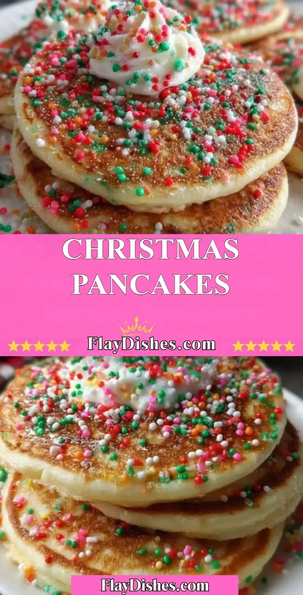 Delicious homemade Christmas pancakes topped with syrup and festive decorations