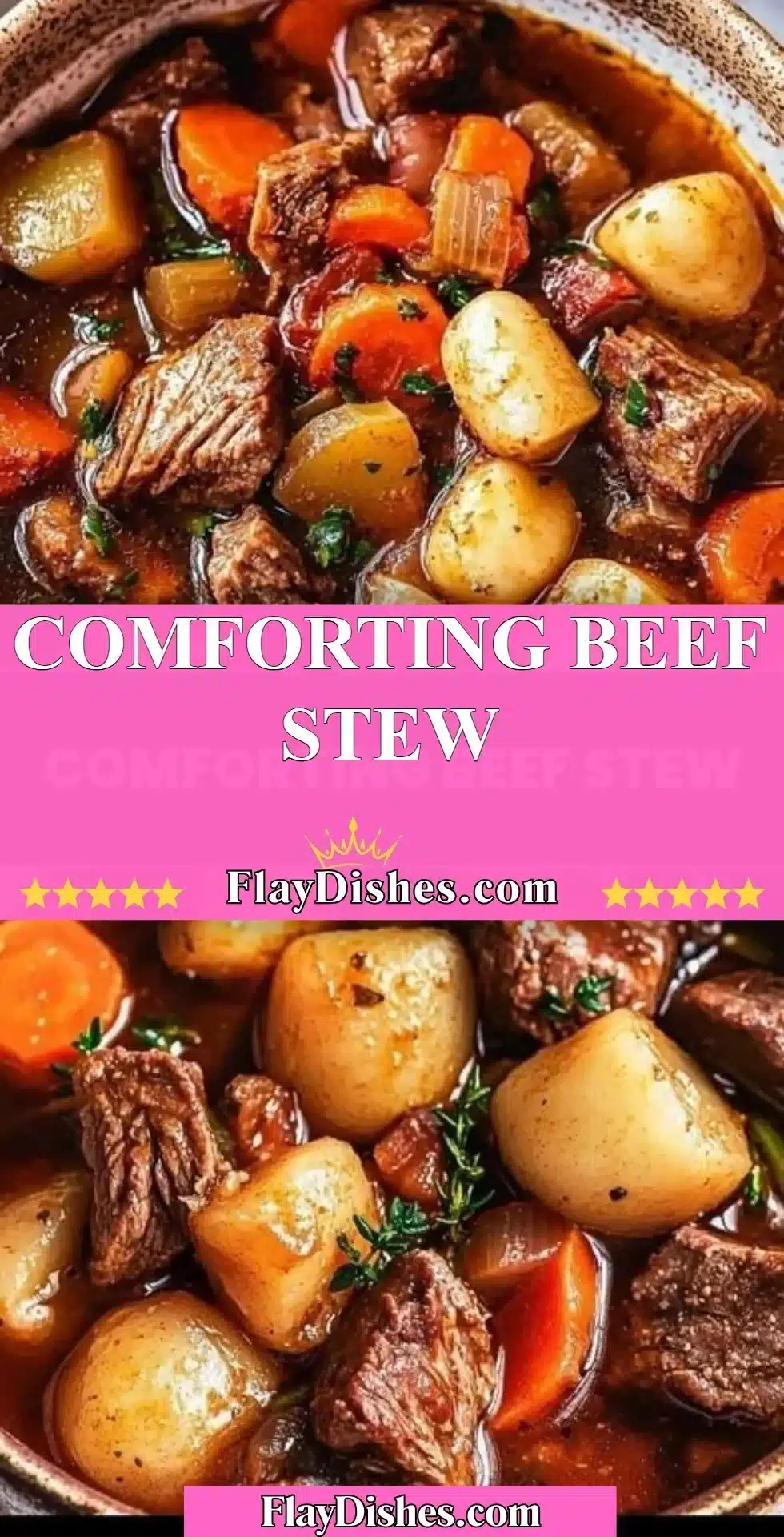 Bowl of comforting beef stew with vegetables and herbs