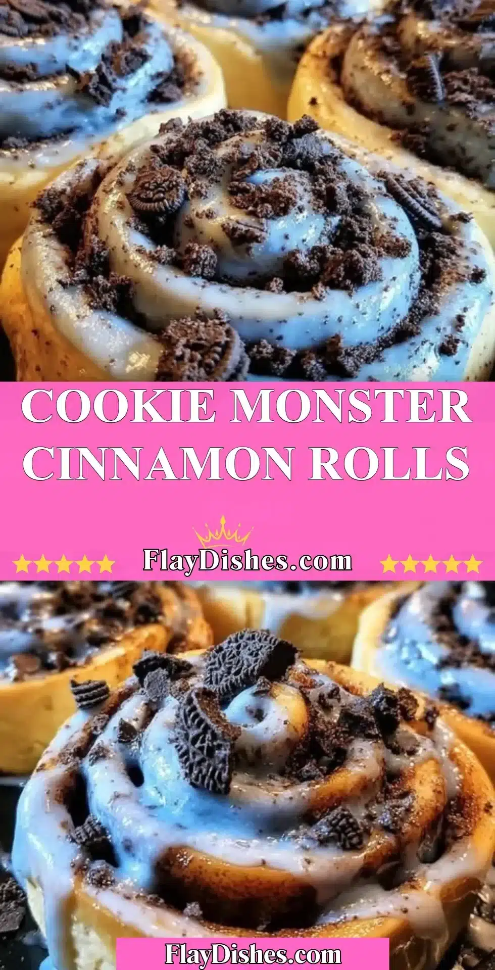Delicious Cookie Monster Cinnamon Rolls topped with cookie dough and frosting