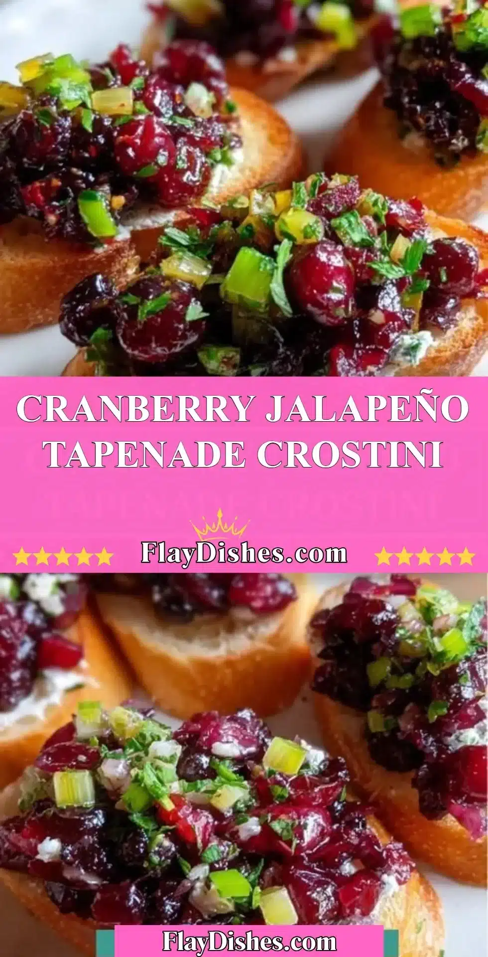 Cranberry Jalapeño Tapenade on crispy crostini topped with herbs.